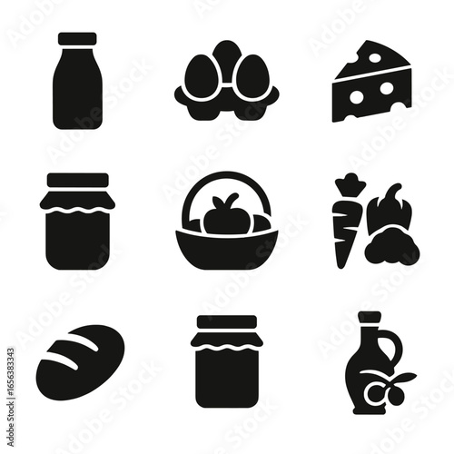 Farm Products Icons. Solid, filled icon set of farm products: milk bottle, eggs, cheese, honey jar, fruit basket, vegetables,