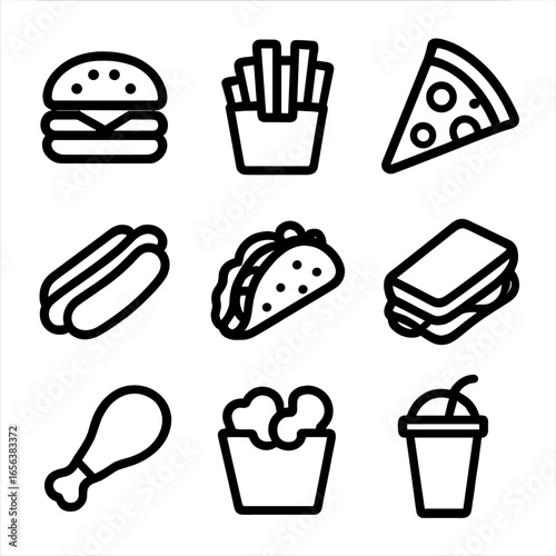 Fast Food Icons. Solid, filled icon set of fast food: burger, fries, pizza, hot dog, taco, sandwich, fried chicken, nuggets,