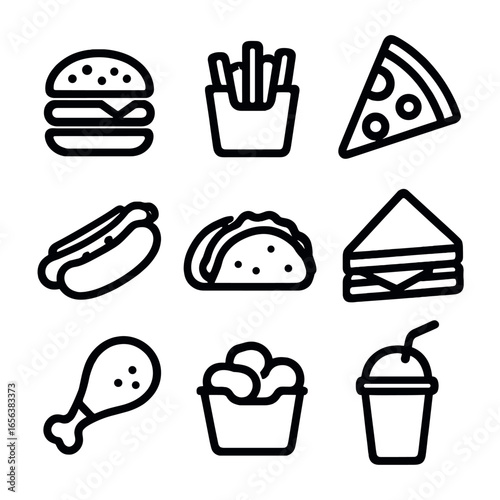 Fast Food Icons. Solid, filled icon set of fast food: burger, fries, pizza, hot dog, taco, sandwich, fried chicken, nuggets,