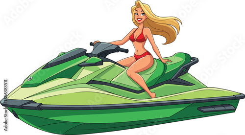 Beautiful cartoon woman in red bikini riding green jet ski, summer water sport, beach vacation, fun holiday scene, vector illustration