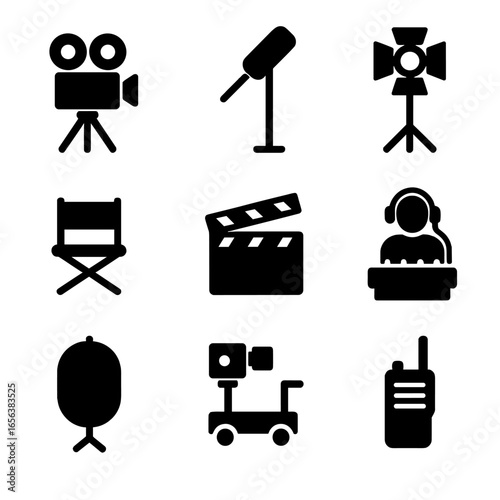 Film Crew Icons. Solid, filled icon set of film crew on city street: camera on tripod, boom microphone, lighting stand, director