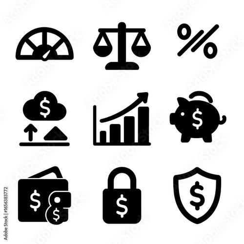 Financial Health Icons. Solid, filled icon set of financial health: credit score, financial balance, debt-to-income ratio, net