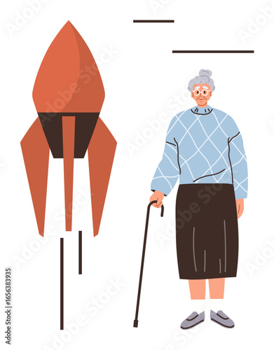 Elderly woman with cane alongside minimal rocket. Highlights juxtaposition of age and innovation. Ideal for aging, technology, progress, ambition, dreams, healthcare intergenerational themes. Simple