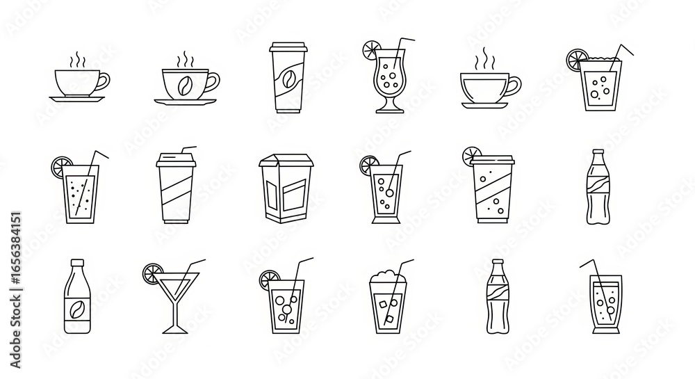 Fototapeta premium Collection of modern line art icons representing various refreshing beverages and hot drinks.
