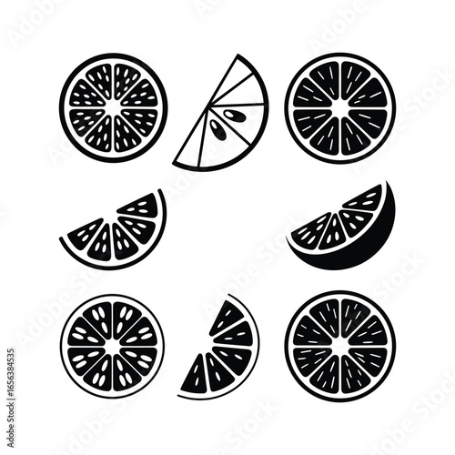 Collection of stylized black and white citrus fruit slices on a white background