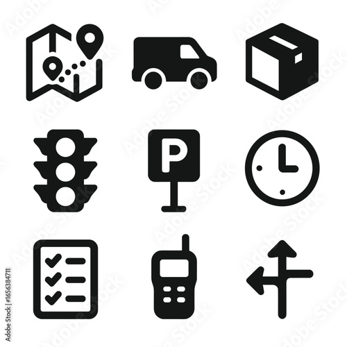 Flash Mob Icons. Solid, filled icon set of Flash mob logistics: route map, van, delivery box, traffic light, parking sign, clock,