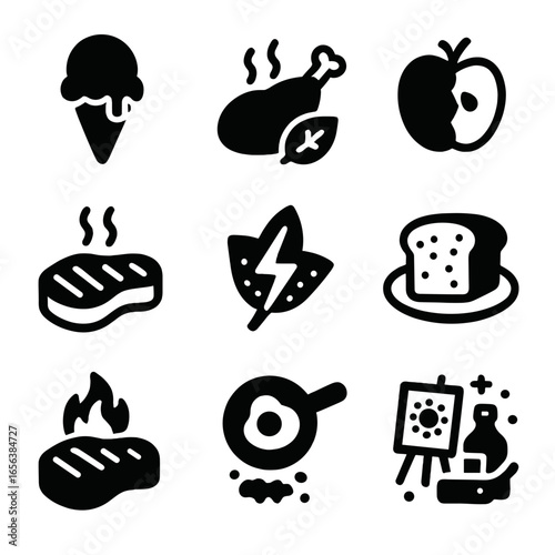 Food Icon Challenges. Solid, filled icon set of food styling challenges: melting, drying, discoloration, sogginess, burning,