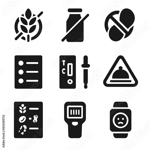 Food Sensitivity Icons. Solid, filled icon set of food sensitivity management: gluten-free icon, dairy-free symbol, nut-free label