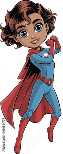 Cartoon superhero girl character, curly hair female hero with red cape, confident flying pose, vector illustration for kids comic, animation, or games