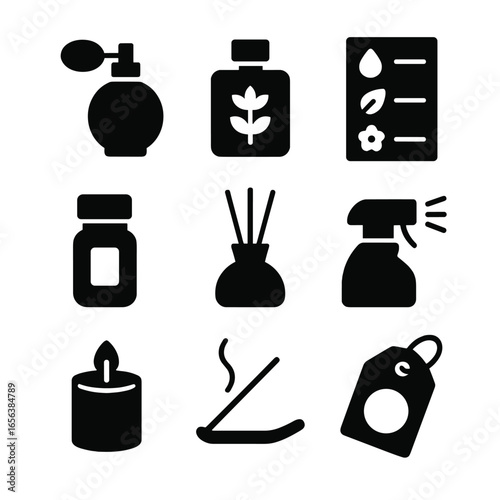 Fragrance Icons Grid. Solid, filled icon set of fragrance personalization: perfume atomizer, scent bottle, fragrance notes card,