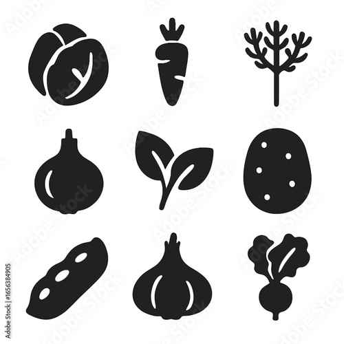 Garden Icons Grid. Solid, filled icon set of cabbage and companion plants: carrot, onion, dill, mint, potato, bean, garlic, radish