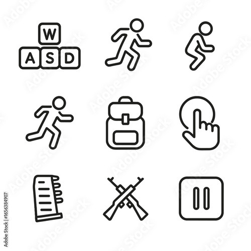 Gaming Icon Set. Outline icon set of gaming hotkeys: WASD keys, jump key, crouch key, sprint key, inventory key, interact key,