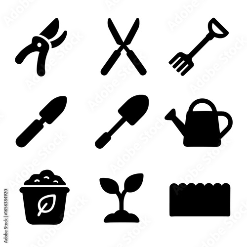 Garden Tools Icons. Solid, filled icon set of garden trimming tools: pruners, shears, rake, trowel, shovel, watering can, compost,