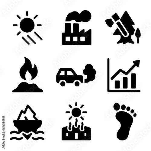 Global Warming Icons. Solid, filled icon set of global warming drivers: sun rays, industrial factory, deforestation, burning