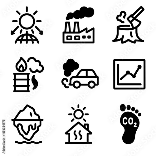 Global Warming Icons. Solid, filled icon set of global warming drivers: sun rays, industrial factory, deforestation, burning
