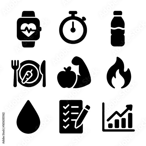 Health Icon Collection. Solid, filled icon set of Health and fitness tracking: heart rate monitor, stopwatch, water intake,
