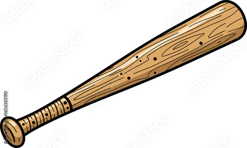 Cartoon wooden baseball bat vector, classic sports equipment illustration, detailed wood texture, isolated bat drawing for game, sport, or training concept