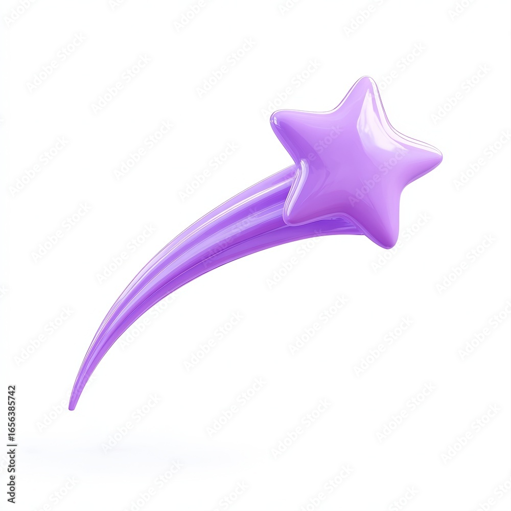 Naklejka premium A vibrant purple shooting star graphic isolated on a white background, perfect for use in children's merchandise, party invitations, or whimsical designs to convey magic and imagination,
