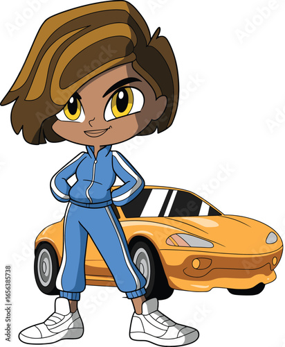 Cool cartoon girl in blue tracksuit posing confidently with yellow sports car, vector illustration for racing themes, animation, kids content, and automotive