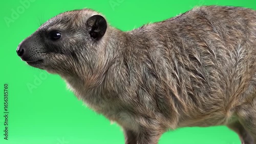 Small Furry Rock Hyrax Standing in Profile Against a Bright Green Chroma Key Background, Ready for Easy Compositing