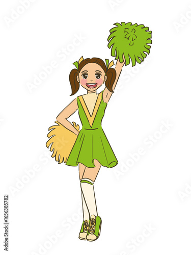 Cheerleader waving poms in bright green uniform