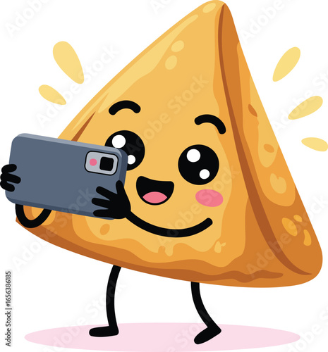 Cartoon Samosa Capturing a Selfie with a Phone, Transparent Background.