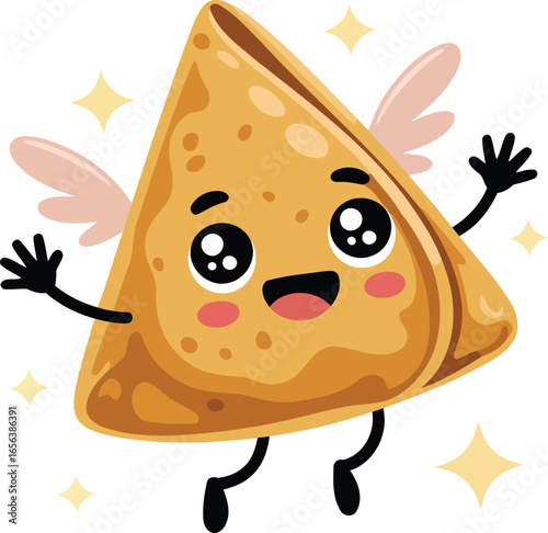 Cute Cartoon Samosa with Angel Wings, Transparent Background.