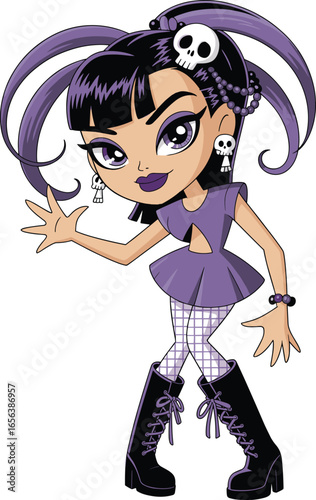 Gothic cartoon girl with skull accessories, purple outfit, pigtails, combat boots, stylish attitude, edgy fashion character vector for trendy and dark themes