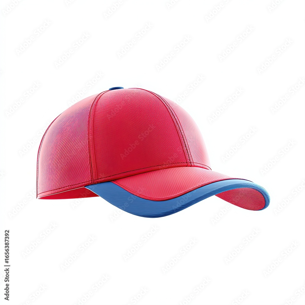 Fototapeta premium Vibrant red and blue cap displayed against a white background, perfect for fashion retailers, sports events, or marketing materials aimed at outdoor activities, Ideal for showcasing casual wear,