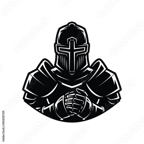 A knight in full armor with a cross on his helmet, hands clasped in front.