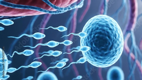 Microscopic Sperm Fertilizing Egg in Blue Tones Animated Close Up View Emphasizing Biological Precision for Medical and Reproductive Education with Detailed Cellular Structures and Scientific