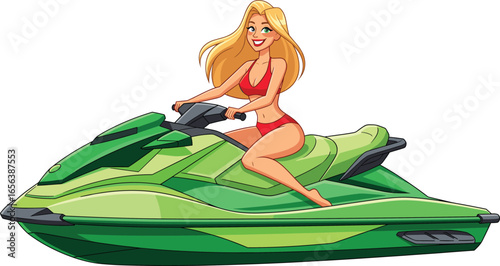Smiling blonde woman in red bikini riding green jet ski, summer water sport fun, beach vacation activity, cartoon style vector illustration