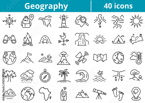 Set of 40 geography icons in line art style for educational use  