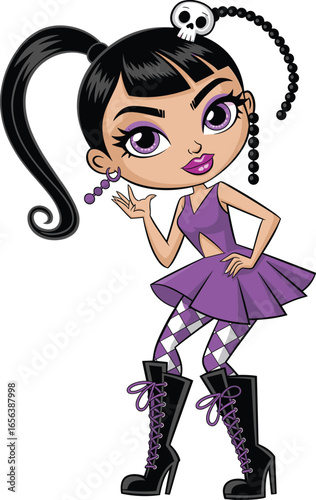 Stylish gothic cartoon girl in purple dress with skull hair accessory, high boots, confident pose, perfect for fashion, alternative, and dark themes