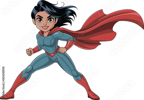 Superhero girl in dynamic pose, powerful female character with red cape, cartoon vector illustration, confident stance, kids comic book style
