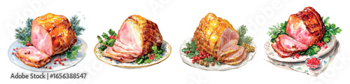 Set of plates with baked meat decorated with cranberries. Watercolor set of festive baked meat. Pork belly for the Christmas and New Year's table. Vector illustration.