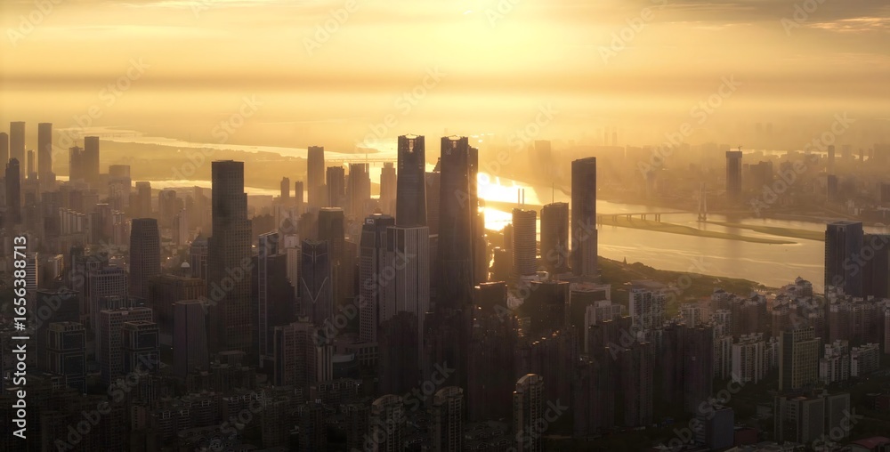 Fototapeta premium Aerial Golden Hour City Skyline View - Modern Urban Architecture from Unique Adventurous Perspective