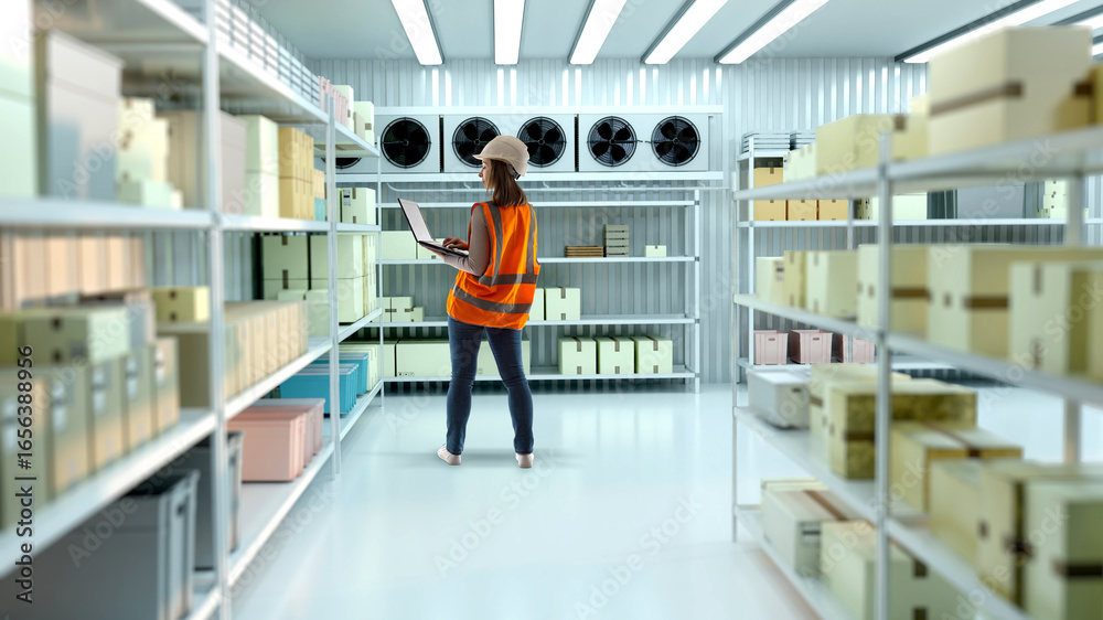 Fototapeta premium Woman with laptop inside cold storage warehouse. Girl with computer. Woman standing in air-conditioned refrigerator. Storekeeper servicing cold storage warehouse. Industrial cold warehouse indoor.
