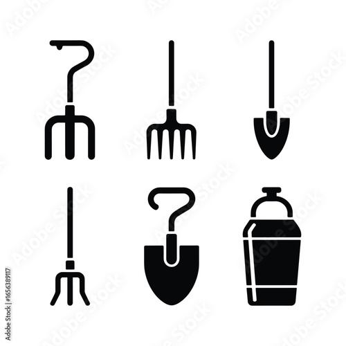 Collection of six black silhouette garden tools and a milk can