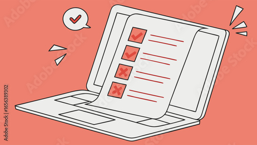 Checklist document emerging from laptop screen showing completed and incomplete tasks.