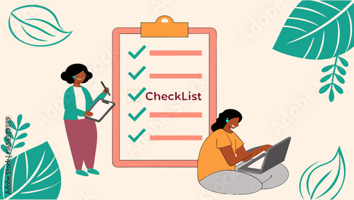 Checklist Illustration with People and Laptop Flat Design.