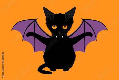 Halloween cat with protruding fangs spreads its paws and bat-like wings wide on orange background. Cute Halloween kitty with wings. Doodle illustration