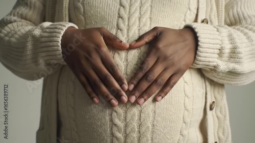 Pregnant woman in cream sweater making heart shape with hands on her belly area