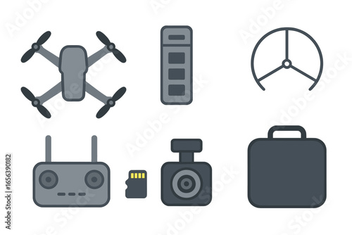 Drone and accessories flat icon set