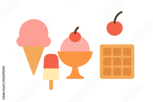 Assorted frozen desserts and waffle with glowing effect