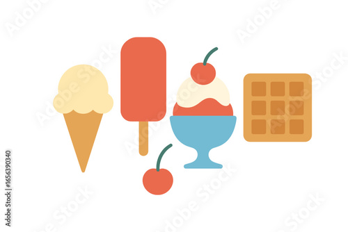 Assorted frozen desserts and waffle with glowing effect
