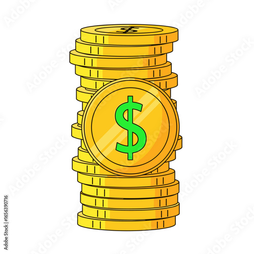 Vertical stacked gold coins with dollar symbol isolated on transparent background  