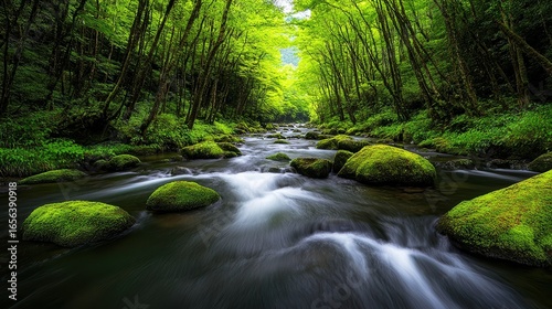 A serene river flows through a lush green forest, with smooth, moss-covered stones dotting the water, Ideal for nature-themed projects, relaxation imagery, or promoting eco-friendly products,