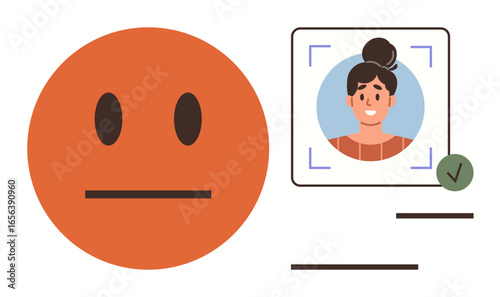Neutral expression emotion next to a verified user profile photo with a green checkmark. Ideal for authentication, user status, profile setup, identity confirmation, account creation, security
