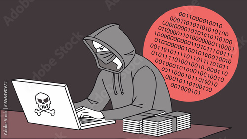 Masked Hacker Using Laptop with Skull and Crossbones Stacks of Cash Nearby.